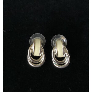 Door Knocker Type Earrings Swirl Silver Tone & Cream Yellow Enamel Vintage